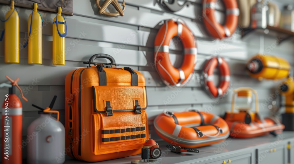 Lifesaving equipment showcase in a 3D animated storeroom, from defibrillators to rescue ropes, brightly colored Lifesaving equipment showcase in a 3D animated storeroom, from defibrillators to rescue ropes, brightly colored