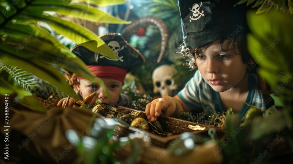 Fototapeta premium With their pirate hats and eye patches on the kids explore a hidden island filled with puppets of treasure chests and exotic animals.