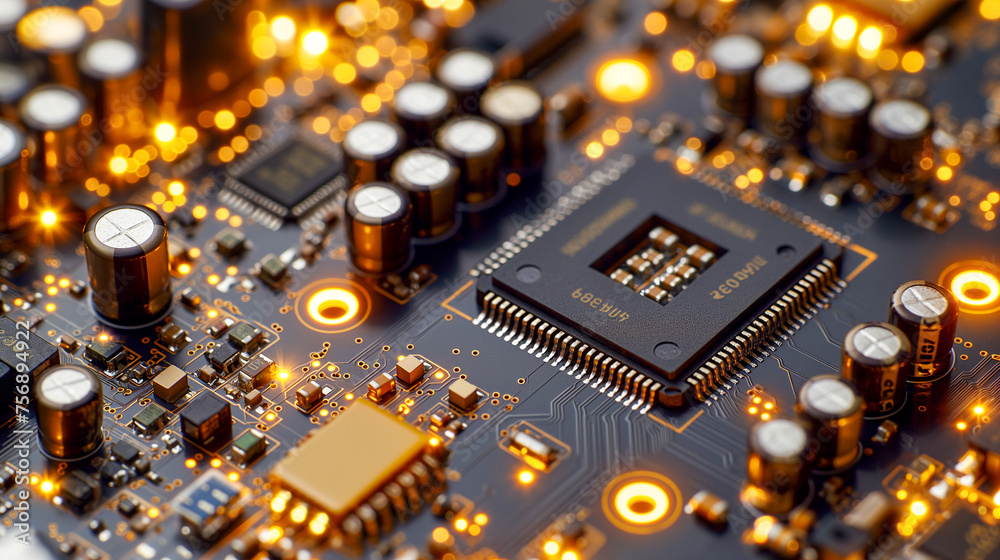 Close-up of a sophisticated circuit board with an abundance of glowing orange connections and chips