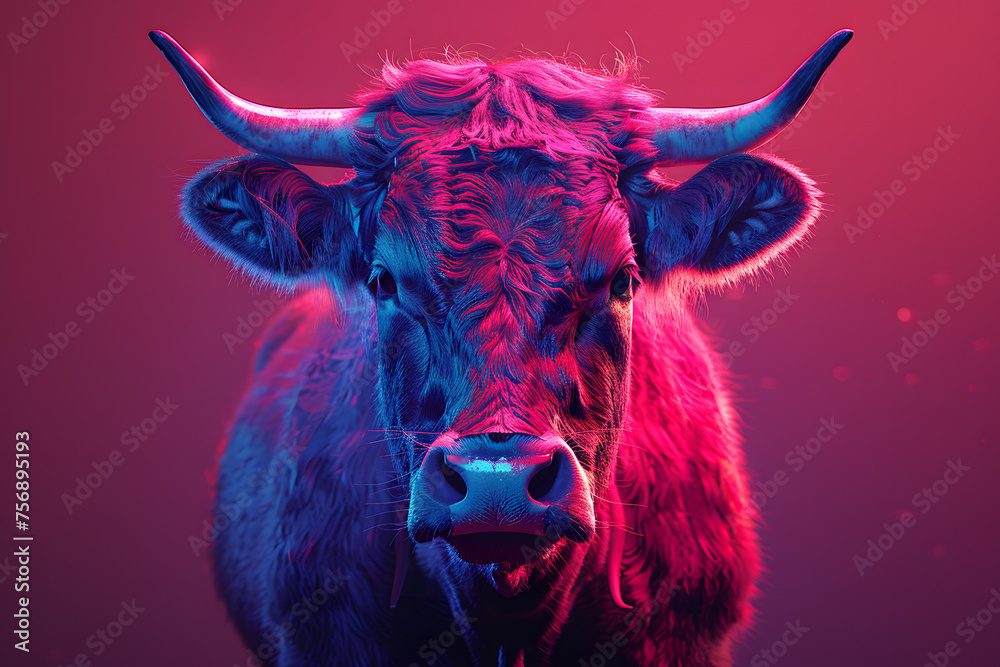 A red bull with long magenta horns gazes at the camera