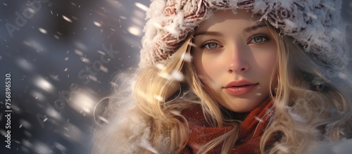 A lady with a hat and scarf poses in the snow, with a smile on her lips and fur eyelashes. Her fashion accessories add a touch of fun to the winter portrait photography