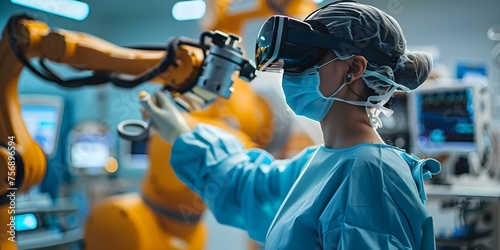 Using Virtual Reality Technology, Surgeon Operates Medical Robot Remotely for Patient Care. Concept Virtual Reality Technology, Remote Surgery, Medical Robot, Patient Care, Surgeon Operation