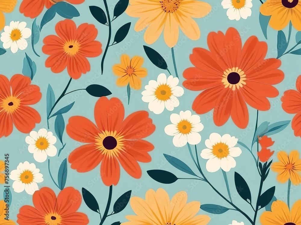 Seamless pattern with flowers. Vector illustration in retro style.