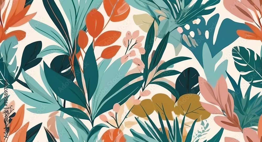Seamless pattern with tropical leaves. Hand drawn vector illustration.