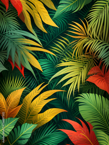 Tropical leaves vector background. Summer horizontal banner  abstract illustration with jungle exotic leaf  bright color drops in simple flat minimal line modern style. Copy space at the center.