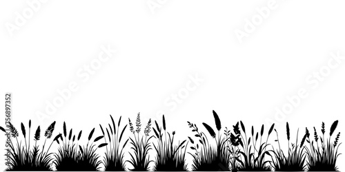 Horizontal black grass land Silhouettes. Cultivated Lawn vector illustration on white background with copy space for text