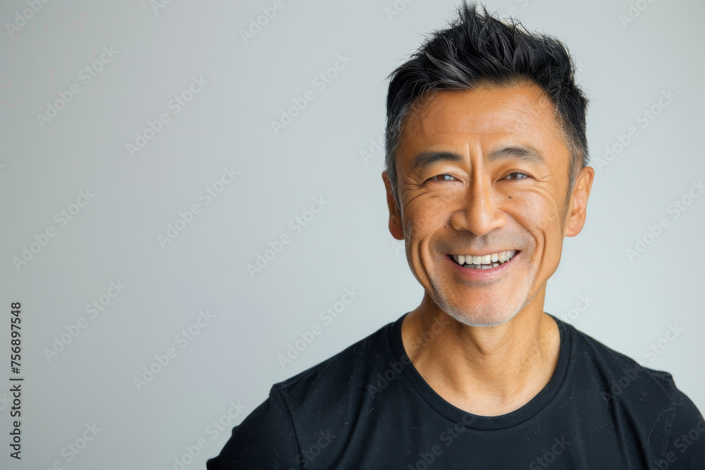 Portrait of old healthy, cheerful handsome middle aged Asian man smiling and looking at camera with white background. Happy aging society, retirement, teeth, health and senior healthcare concept Portrait of old healthy, cheerful handsome middle aged Asian man smiling and looking at camera with white background. Happy aging society, retirement, teeth, health and senior healthcare concept