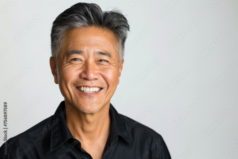 Portrait of old healthy, cheerful handsome middle aged Asian man smiling and looking at camera with white background. Happy aging society, retirement, teeth, health and senior healthcare concept Portrait of old healthy, cheerful handsome middle aged Asian man smiling and looking at camera with white background. Happy aging society, retirement, teeth, health and senior healthcare concept