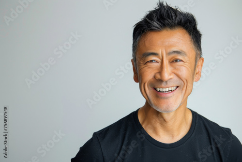 Portrait of old healthy  cheerful handsome middle aged Asian man smiling and looking at camera with white background. Happy aging society  retirement  teeth  health and senior healthcare concept