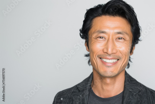 Portrait of old healthy, cheerful handsome middle aged Asian man smiling and looking at camera with white background. Happy aging society, retirement, teeth, health and senior healthcare concept © myboys.me