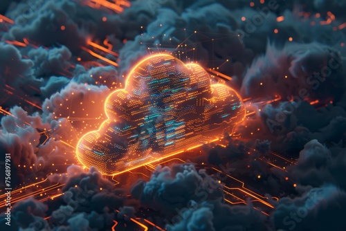 3D Cloud with a technology circuit board, computer chip and data flow concept in the style
