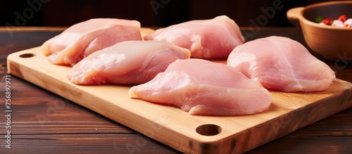 Raw chicken breasts, an animal product, are placed on a wooden cutting board. They are an ingredient in a dish being prepared in the cuisine
