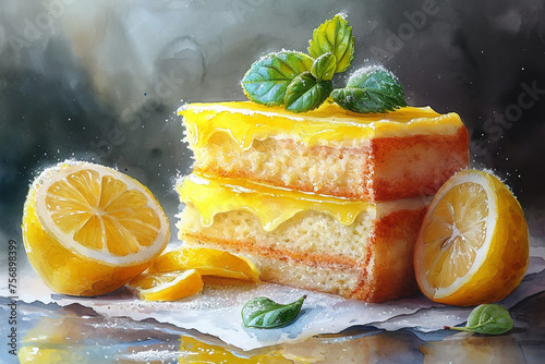 Lemon Zest Dream cake watercolor painting photo