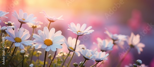 A cluster of vibrant daisies blooms in a grassy field  creating a beautiful natural landscape. The white petals contrast with the greenery  making it a picturesque scene