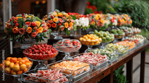 Elegant Buffet Spread with Fresh Fruits and Flowers