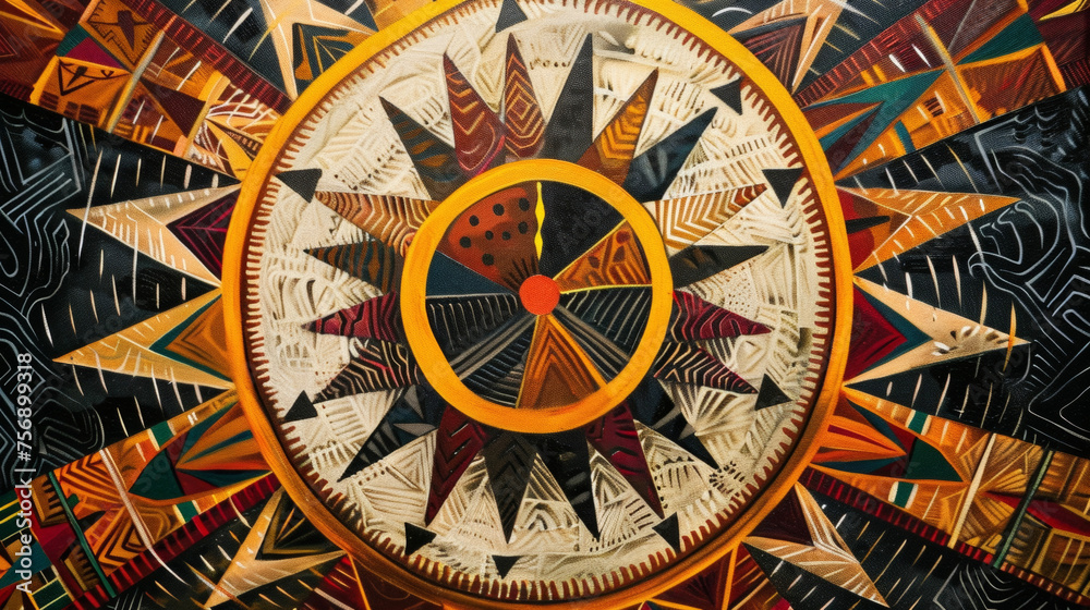 A detailed image of a medicine wheel painted on a canvas with intricate geometric patterns in earthy tones. The wheel symbolizes the cyclical nature of life and the continuous