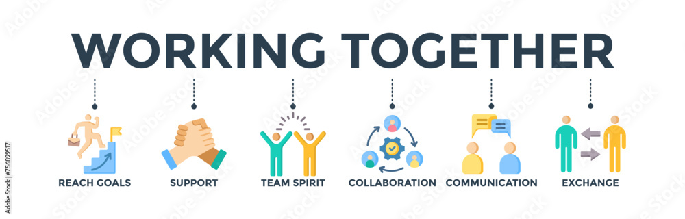 Working together banner concept for team management with an icon of collaboration, reach goals, team spirit, support, communication, and exchange Working together banner concept for team management with an icon of collaboration, reach goals, team spirit, support, communication, and exchange
