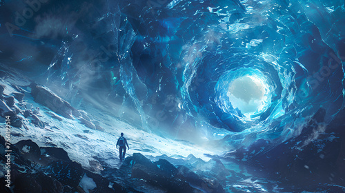 Backpacker Explores the Inside of a Glacial Ice Cave Entrance, Adventurous Exploration in Frozen Terrain, Traveler Discovering Natural Wonders, Generative AI