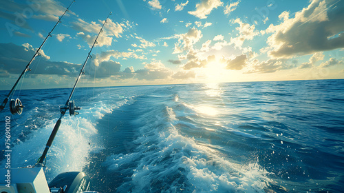 Boat Fishing Trolling Panoramic View with Rod and Reels on Blue Sea, Recreational Fishing Adventure Concept, Generative AI   © Dzynee