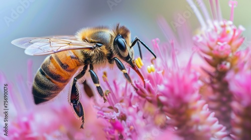 A honeybee is deeply immersed in collecting pollen from vibrant pink blossoms © Autaporn