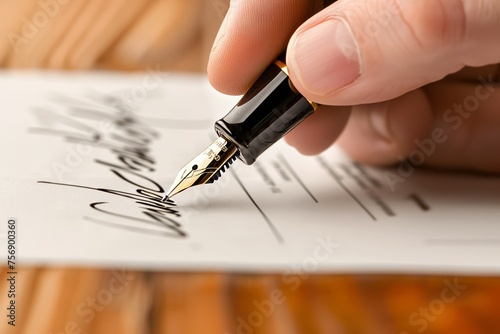 Close up of a hand signing a document with a luxury pen the signature being elegantly written on a formal contract on a wooden desk photo