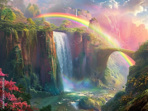 Eternal rainbow bridges arching over a cascading waterfall in a lush vibrant valley