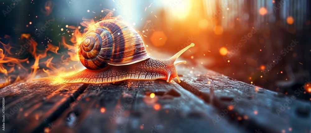 Turbo snail with fiery boost speeding on a rustic wooden bridge twilight setting - obrazy, fototapety, plakaty 