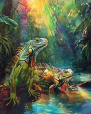 Iguanas lounge lazily basking in the warm glow of rainbow sunbeams filtering through a tropical canopy