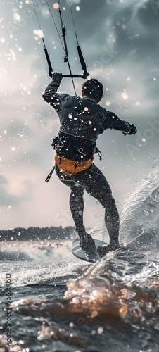 Solo Asian man kite surfing dynamic ocean action silver and yellow suit clear sky and sea sense of adventure photo