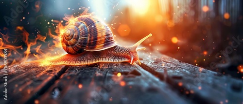 Turbo snail with fiery boost speeding on a rustic wooden bridge twilight setting photo