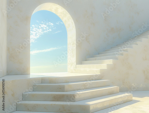 A white staircase with a blue sky in the background.
