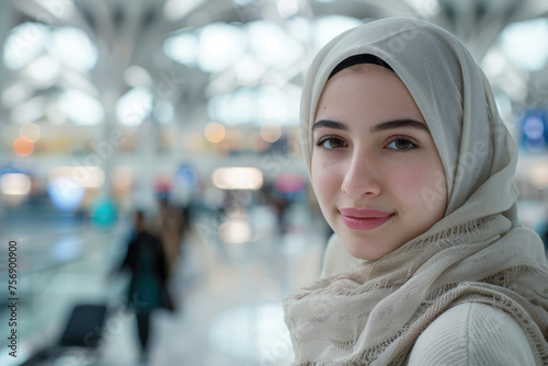 A portrait of a young Muslim student wearing a light hijab, stands against the backdrop of the airport terminal © Kien