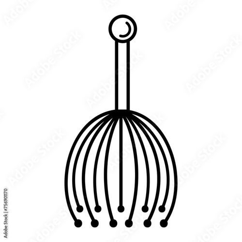 Head massager vector icon. Metal scalp scratcher. Tool for spa, hair care, acupuncture, therapy, relaxation. Equipment for pleasure. Hand drawn black doodle isolated on white. Clipart for print, logo