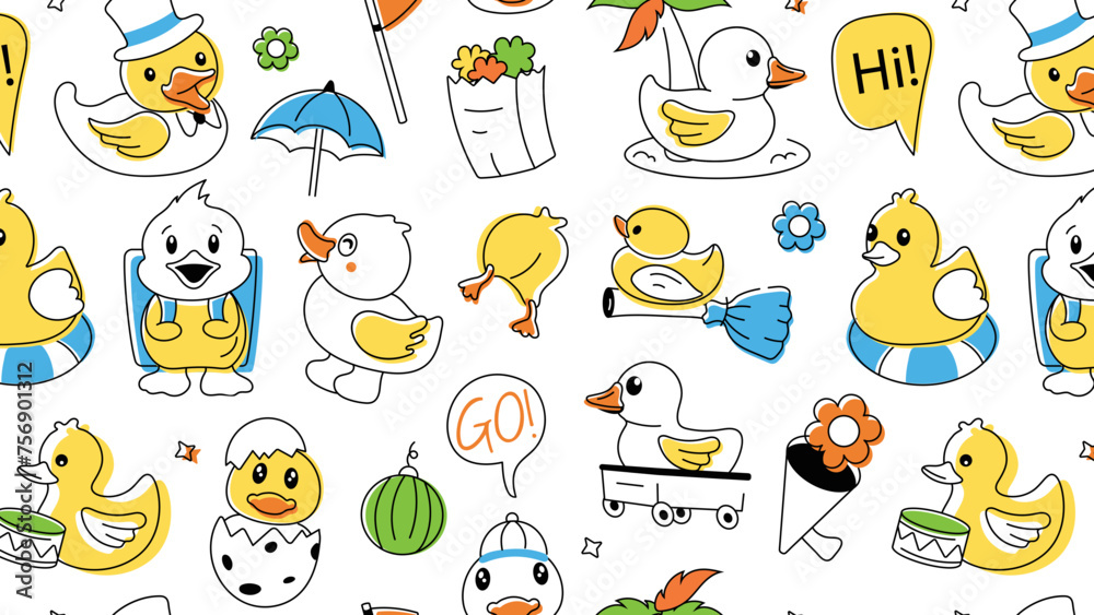 Obraz premium A ducky vector showcasing adorable rubber duckies, bath toys, and tiny chicks
