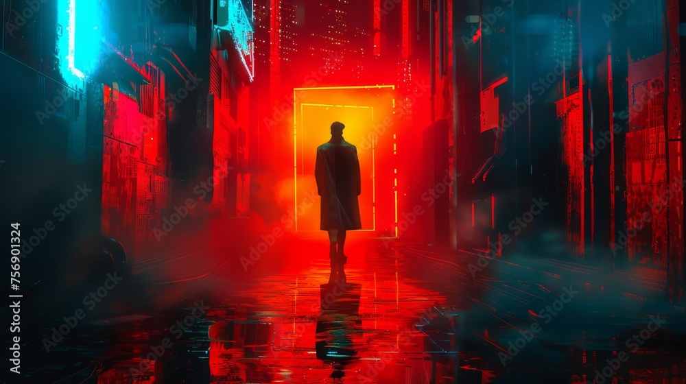 Mysterious Figure Standing at the Threshold of a Glowing Red Portal in a Neon-Lit Urban Alleyway, Inviting Intrigue and Exploration

