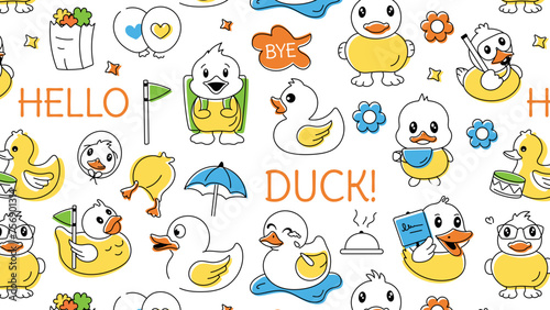A duck theme pattern designed with adorable baby chicks, playing ducklings and rubber duckies 