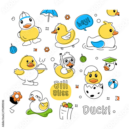 A duck theme pattern designed with adorable baby chicks, playing ducklings and rubber duckies 