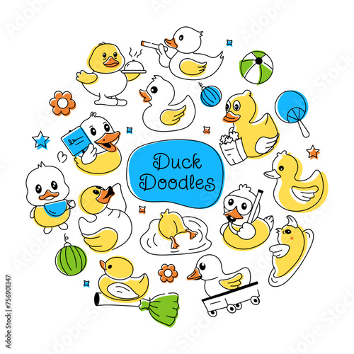 A duck theme pattern designed with adorable baby chicks, playing ducklings and rubber duckies 