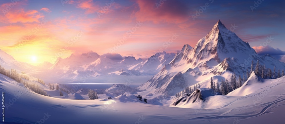 A majestic mountain covered in snow during sunset, with cumulus clouds scattered across the vibrant sky, creating a breathtaking natural landscape