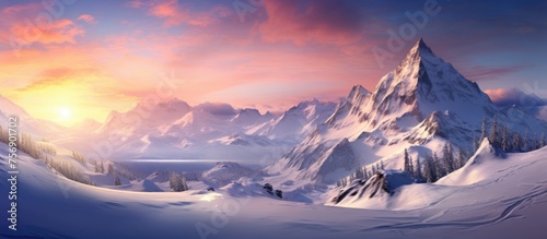 A majestic mountain covered in snow during sunset, with cumulus clouds scattered across the vibrant sky, creating a breathtaking natural landscape