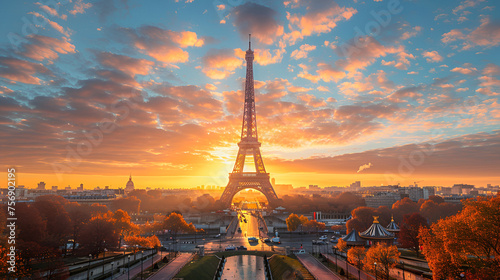 Eiffel Tower Against Sunrise in Paris, France, Iconic Landmark Bathed in Golden Light, Travel Destination Illustration, Generative AI