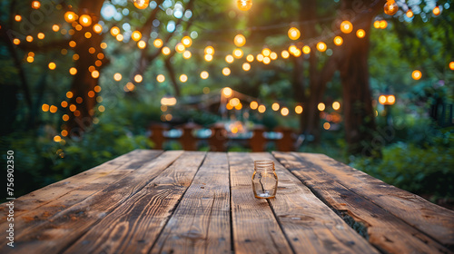 Empty Wooden Table with Party in Garden Background, Outdoor Celebration Setup on Wooden Table, Generative AI

 photo