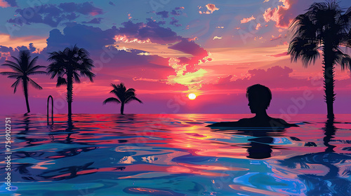 A person relaxing in a swimming pool at sunset with palm trees in the background. Ai generative illustration.