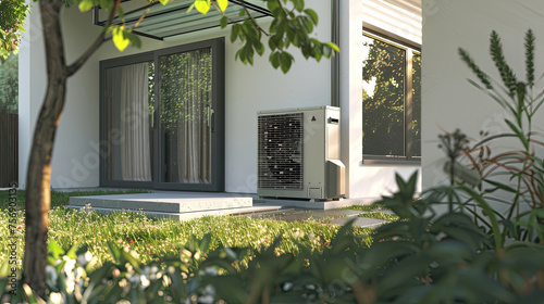 air source heat pump outdoor unit. The energy stored in the air is simply extracted and can be used for heating in winter, hot water, and cooling at summer.
