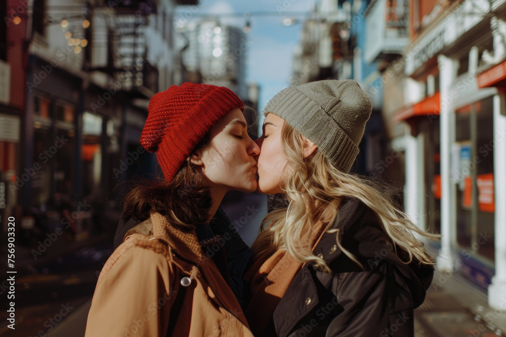Beautiful loving young lesbian couple kissing in the middle of the street
