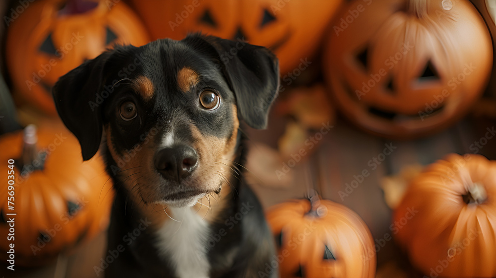 Funny Entlebucher Dog Ready for Halloween Costume, Adorable Pet Dressed in Spooky Attire with Pumpkin, Festive Season Celebration, Generative AI

