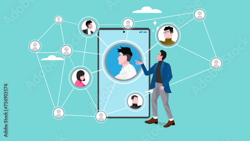 businessman communicate using smartphones, business online communication with partners, web conference concept, internet teleconference illustration, remote work or freelance concept illustration