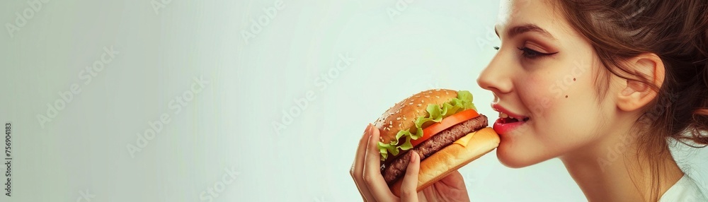 Side view of a woman eating a burger on a white background, generative AI Side view of a woman eating a burger on a white background, generative AI