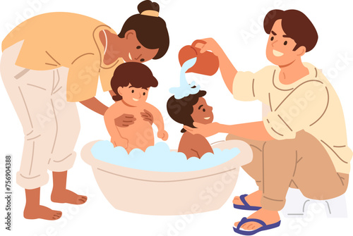 Multiracial Couple Taking Bath For Their Toddlers