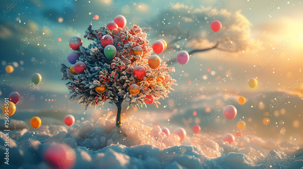 Happy Holiday Funny Tree with Colorful Balloons, Festive Christmas and New Year Celebration Concept, Generative AI

